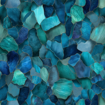 Seamless teal abalone shell pattern with overlapping iridescent nacre fragments, pearlescent ocean blue texture for wallpaper, textile or luxury decor design