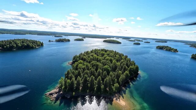 Aerial view of forested islands in a calm blue lake under a bright sunny sky