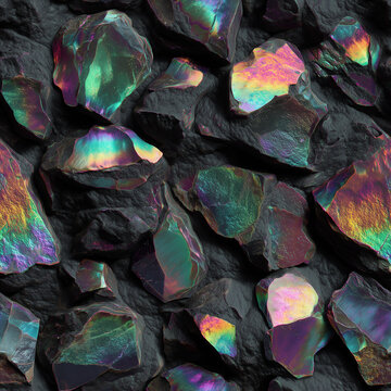 Seamless dark black opal gemstone pattern with iridescent rainbow crystal highlights, rough mineral stones and luxury jewel texture for wallpaper or textile design