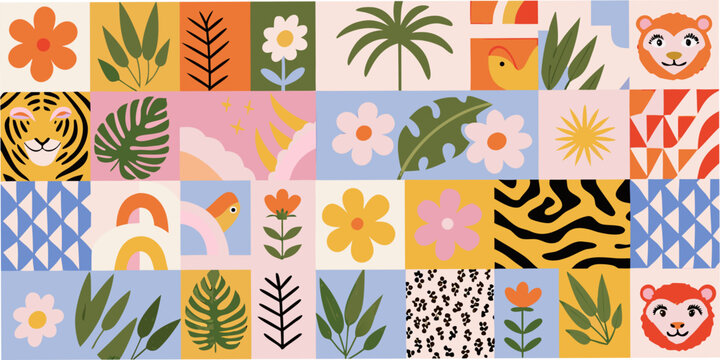 Tropical jungle animals and foliage vector pattern on a colored background