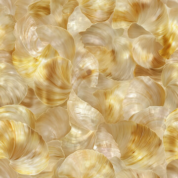 Seamless golden mother of pearl shell pattern with translucent nacre fragments, pearlescent texture and luxury natural background for wallpaper or textile design