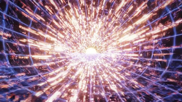 Abstract minimalist landscape with geometric grid patterns stretching and warping under extreme gravitational forces in a cyber space environment
