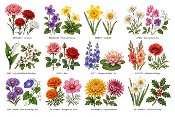 Fototapeta premium Premium Botanical Vector Collection of 12 Birth Month Flowers – Hand-Drawn Floral Clipart Set with Isolated Botanical Illustrations