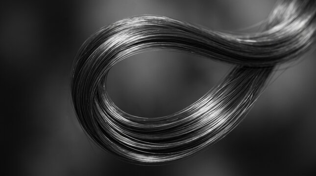 Close-up view of a single strand of shiny black hair forming an elegant loop against a blurred monochrome background, highlighting texture and detail