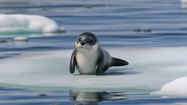 Cute baby seal pup sitting on ice floe in arctic waters