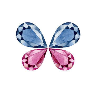 Watercolor blue purple sapphire butterfly gemstone isolated on white background. Crystal, jewelry, Dear butterfly.