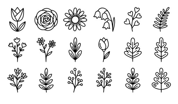 Whimsical floral doodle collection with scandinavian line flowers folk art daisies branches and leaves vector elements for pattern design