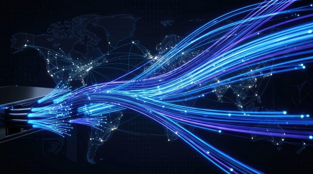 Digital Data Transmission Concept with Light Streaks and World Map