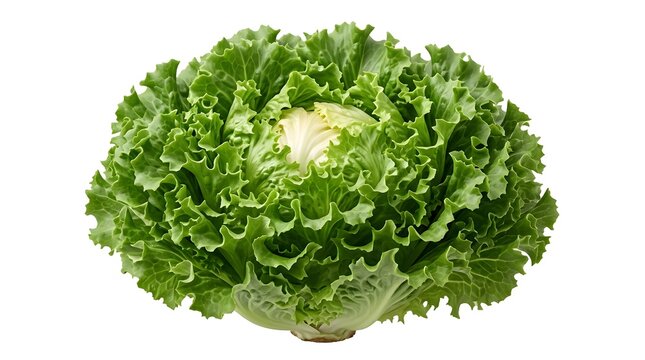 Fresh green frisee lettuce head, organic curly endive vegetable on white background, raw leafy greens for healthy salad recipes