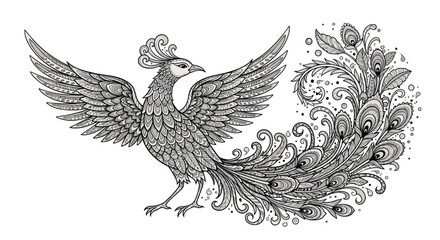 Fototapeta premium Detailed black and white zentangle illustration of a majestic bird with spread wings and an ornate long tail.