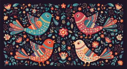 Naklejka premium Folk art illustration of four brightly colored decorative birds surrounded by diverse floral elements on a dark blue background.