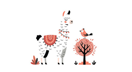 Fototapeta premium Whimsical illustration of a white llama wearing a red saddle and beads standing next to a small tree with a bird perched on its top branch.