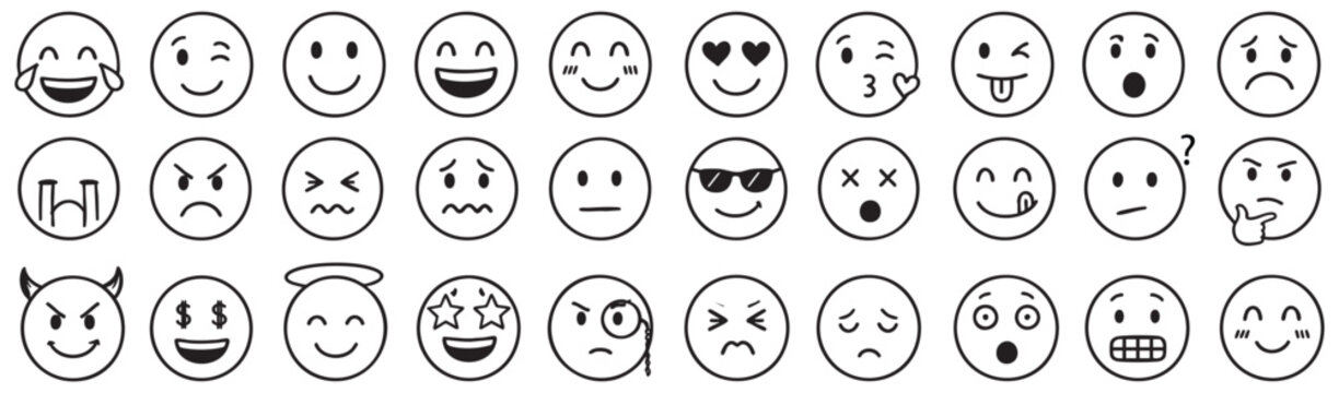 A collection of various hand-drawn outline emoji icons, including different facial expressions and emotions, isolated on a clean white background.