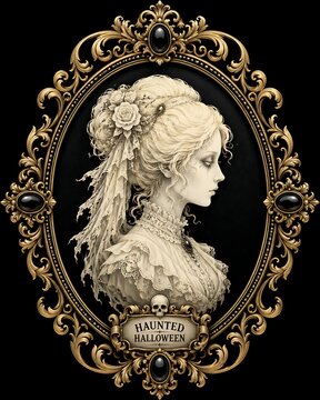 Gothic ghost bride portrait in vintage golden frame for haunted Halloween background, generative AI