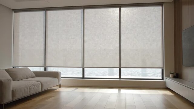 Automatic modern roller blinds closing simultaneously in a bright minimalist apartment living room to provide privacy and shade