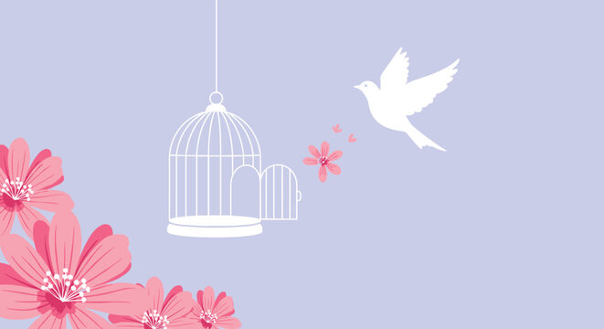 Poetic illustration of a white bird flying out of an open cage towards freedom over a background of large pink flowers on a soft purple field.