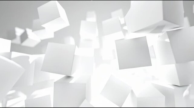 A grayscale 3D rendering of numerous white cubes of varying sizes floating in mid-air
