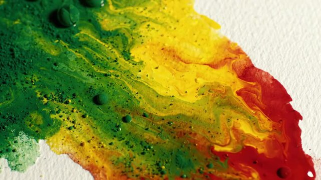 Artistic slow motion watercolor wash with reggae vibes featuring deep green bright yellow and red pigments on a diagonal canvas
