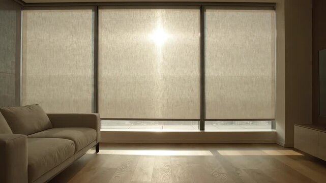 Automatic motorized roller blinds descending smoothly in a minimalist luxury apartment interior during a bright sunny day