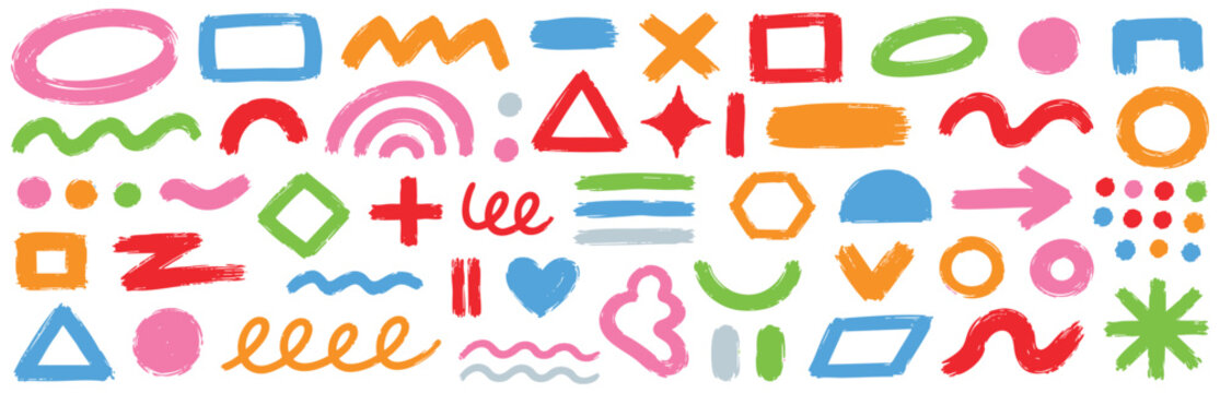 Collection of colorful hand-drawn abstract shapes, brush strokes, geometric figures, and doodle elements isolated on a white background for design.