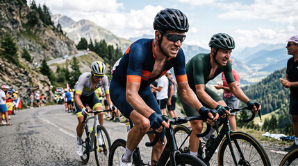 Obraz premium Cyclist climbing steep mountain road during professional bike race. Determined man riding bicycle in group competition. Endurance exercise, outdoor summer sport, road cycling championship.