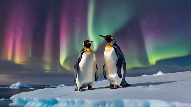 Two king penguins standing on ice under colorful aurora borealis
