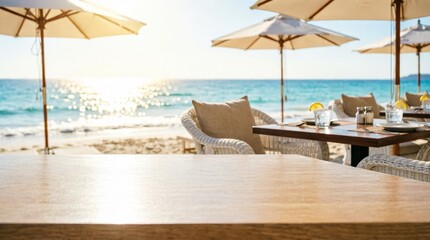 Naklejka premium Beachside Restaurant Tables with Ocean View at Sunset for Travel Marketing