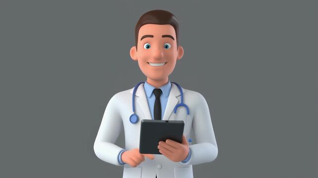 Smiling 3D doctor with stethoscope using digital tablet