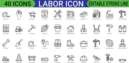 Labor worker industry line art icons set hammer wrench wheelbarrow factory crane helmet toolbox vest drill boots trowel shovel web icon app icon outline icon editable stroke line art vector eps © mdjalal