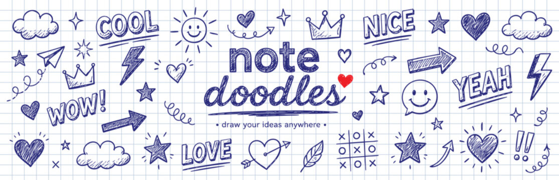 A collection of hand-drawn doodle elements including hearts, stars, clouds, crowns, arrows, and speech bubbles with text like COOL, NICE, WOW, and LOVE.