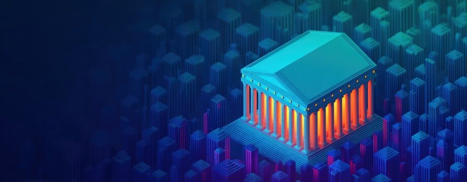 Classical bank building with glowing columns in isometric city 3d render representing modern financial services and institutional architecture