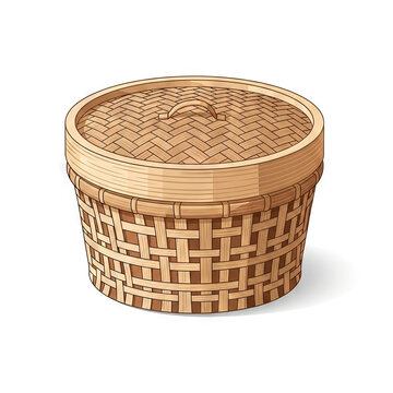 Traditional woven bamboo basket with lid vector illustration handcrafted rattan storage container, wicker hamper icon, asian style sewing or food box