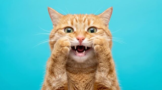 Funny orange cat yelling with paws on cheeks against blue studio background.