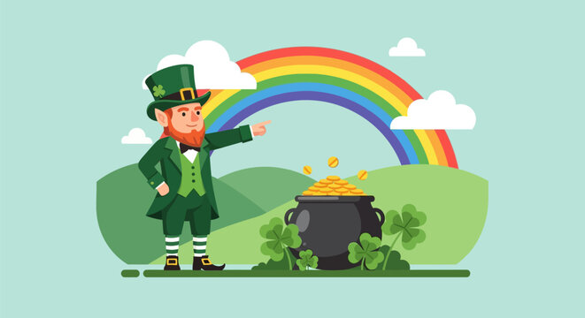 St. Patrick's Day Illustration of a Happy Leprechaun Pointing at a Pot of Gold Under a Rainbow