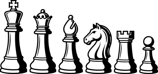 Classic Chess Pieces Vector Set with King Queen Bishop Knight Rook and Pawn Icons for Strategy Games and Kids Coloring Page © MdMohsin