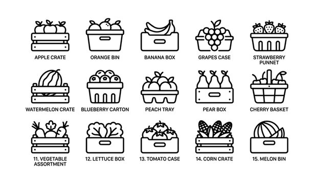 Fruit and vegetable crate icons arranged in grid on white