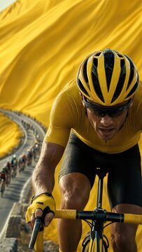 Cyclist leading the road race in yellow jersey. Professional man athlete riding bicycle during professional cycling championship. Speed, endurance and competitive sports concept.