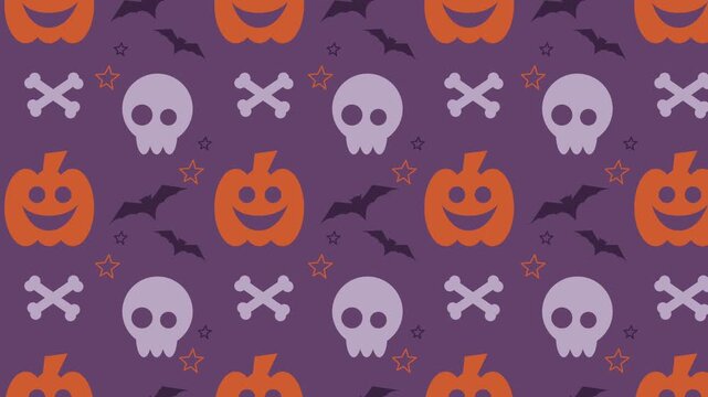 Cute repeating Halloween pattern with pastel bats, pumpkins, stars, and skulls