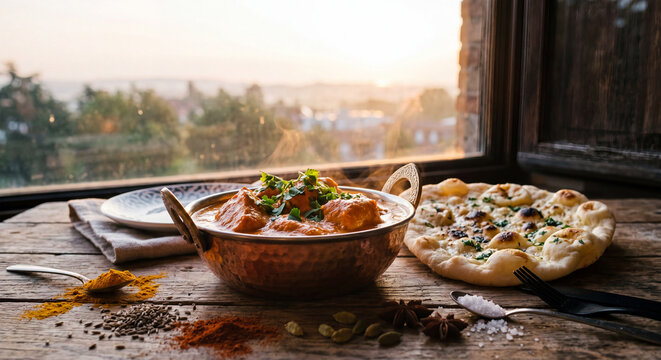 Authentic Butter Chicken with Fresh Naan Bread Served in Traditional Copper Bowl