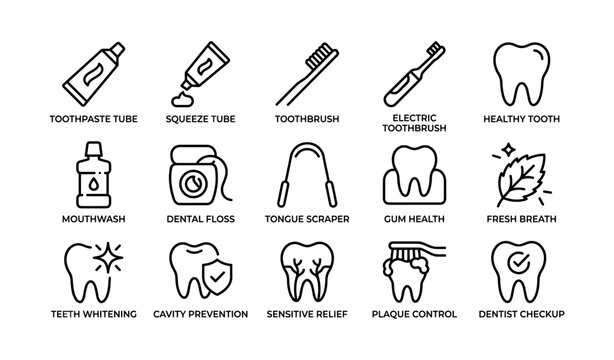 Oral care and dental hygiene icons showing brushing tools
