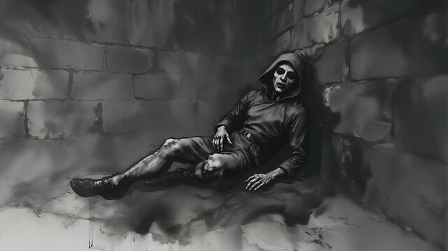 Hooded Skeleton Slumped Against Old Brick Wall. 4K Video