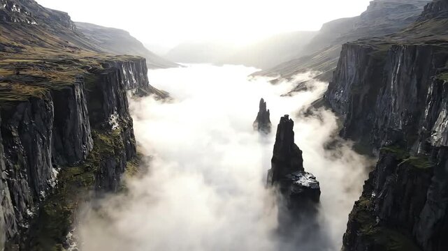 Cinematic drone shot flying over a deep misty chasm with jagged rocky edges and dense white fog swirling between stone cliffs
