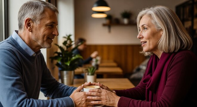 Elderly couple enjoying conversation over coffee at caf&eacute; table, sharing moments with smiles and laughter. Elderly companions interact warmly in cozy setting, making memories together.