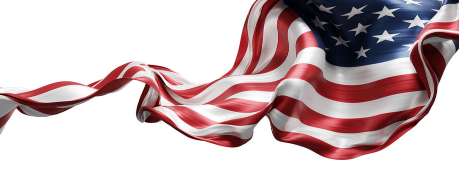 American flag ribbon pleated chiffon fabric flowing isolated on white background design for 4th of july America Independence day banner 3D render