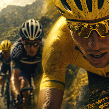 Cyclist leading the race in a professional cycling championship. Close up of man wearing a yellow jersey and helmet riding a bike. intense mountain road competition during summer sport.