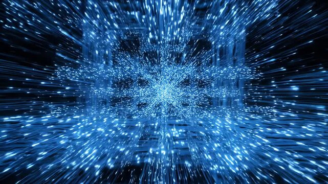 Cinematic flythrough of glowing blue fiber optic data streams with luminous points of light and geometric intersections in a digital void