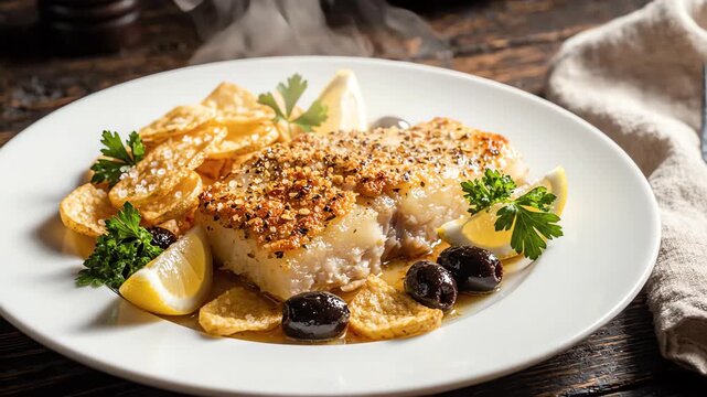 Cinematic high angle shot of steaming baked codfish served with crispy potato chips and black olives on a white ceramic plate