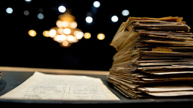 backstage. A table in the wings of a stage, stacked with bound scripts under dramatic lighting. event programs, museum guides, designed for cultural heritage projects and event programs.
