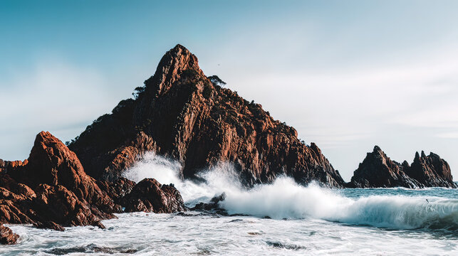 steadfast. A massive coastal rock formation enduring relentless ocean waves under dramatic lighting. travel magazines, destination branding, designed for outdoor magazines and nature guides.
