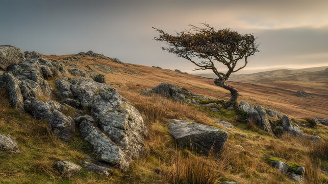 windswept. Solitary tree growing from rock crevice with windswept branches against dramatic sky. travel magazines, destination branding, designed for outdoor magazines and nature guides.
